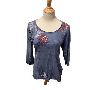Glima Womens XL Blue Floral Graphic 3/4 Sleeve Cotton Top Made in USA